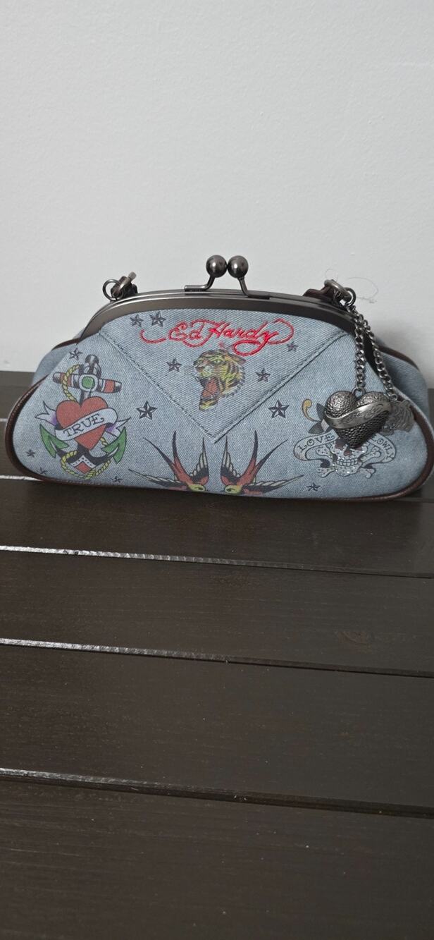 NWT Ed Hardy Vintage Tattoo Denim Bag - Tiger Swallow True Love Kisslock Purse